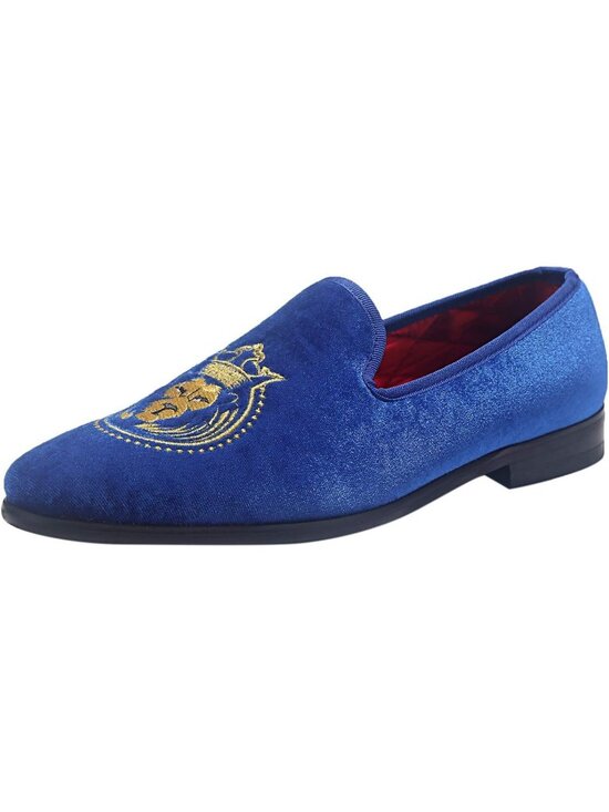 ELANROMAN Men\'s Blue Velvet Loafers Embroidered Lion Crown Formal Party Shoes